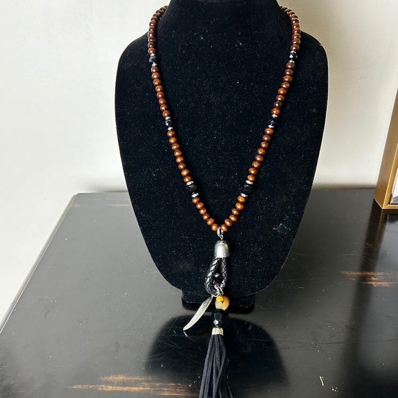 Jewelry - Boho Western Wood Beaded Necklace w/ Leather Tassel